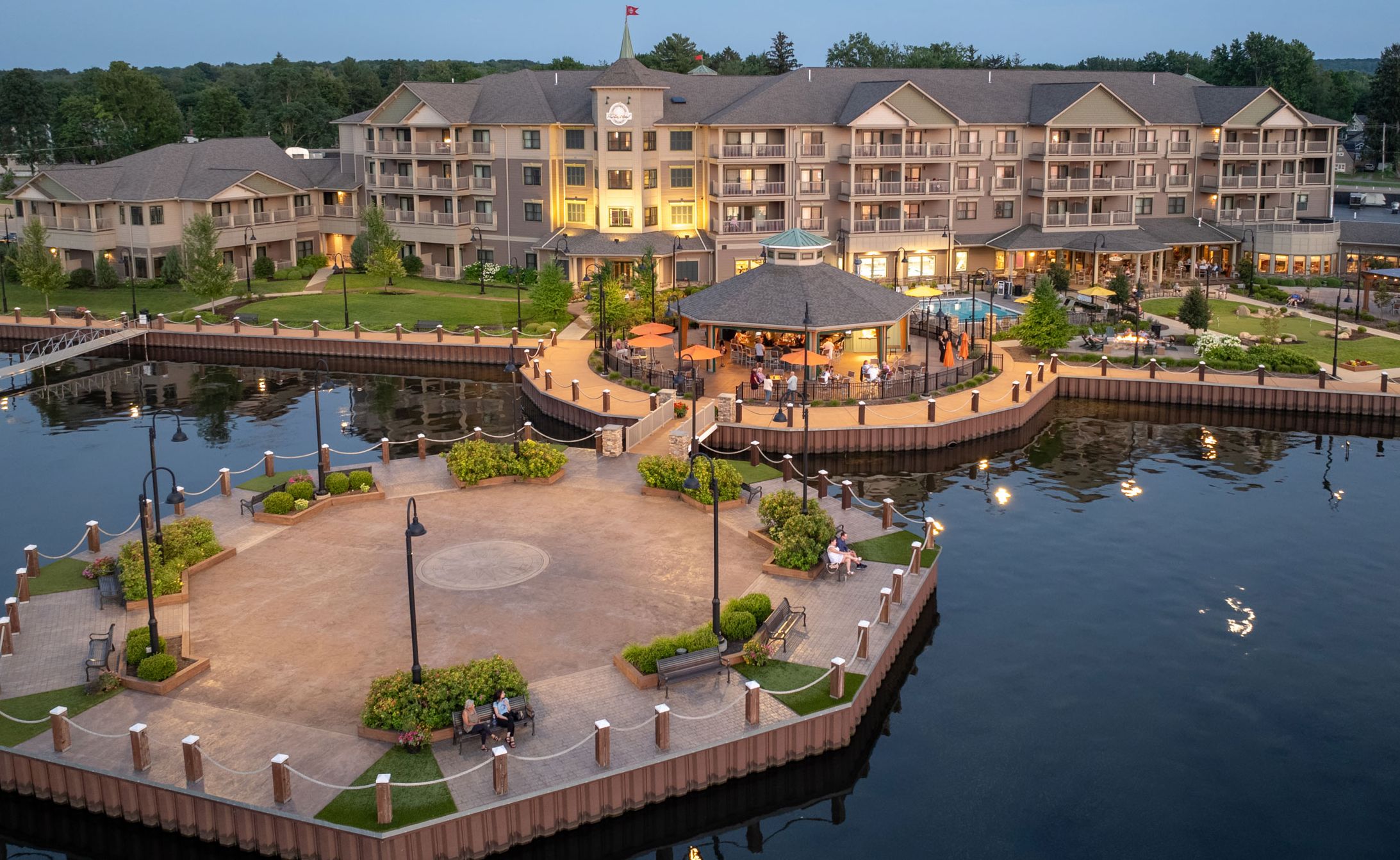 An aerial view of the Chautauqua Harbor Hotel from the water