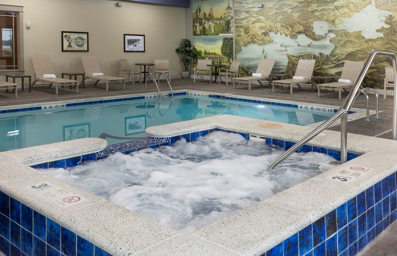 The indoor pool with bubbling hot tub at the Chautauqua Harbor Hotel