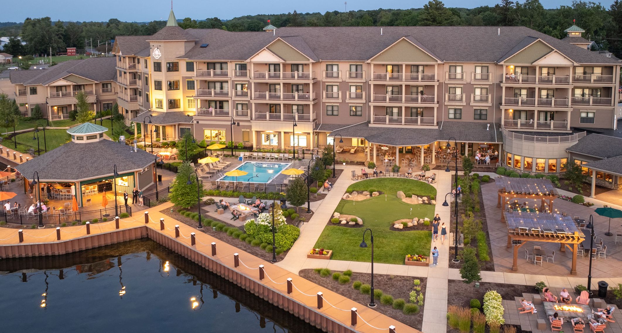 An aerial view of the Chautauqua Harbor Hotel from the water