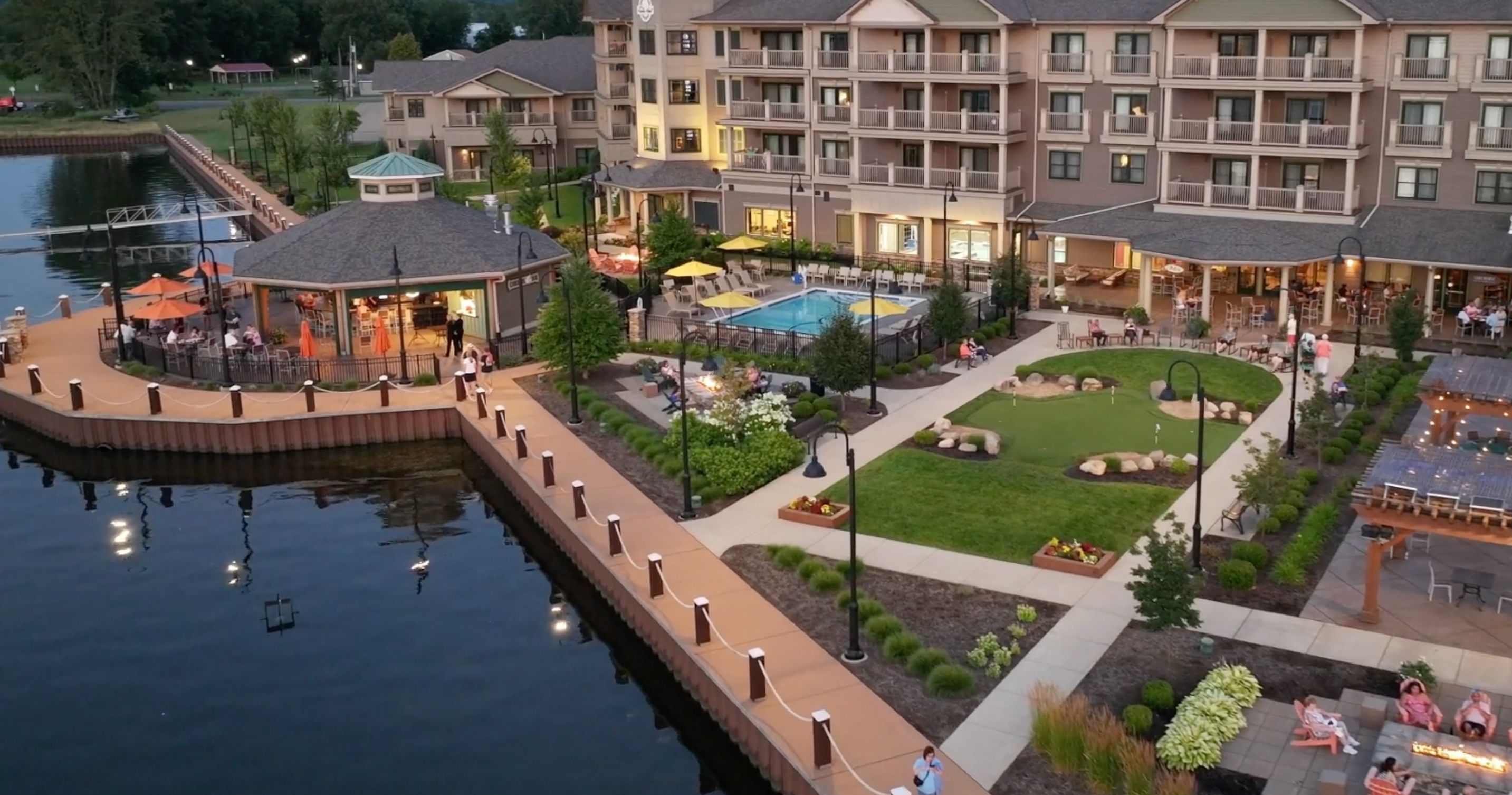 Aerial shot of the carousel bar and waterfront area of the Chautauqua Harbor Hotel