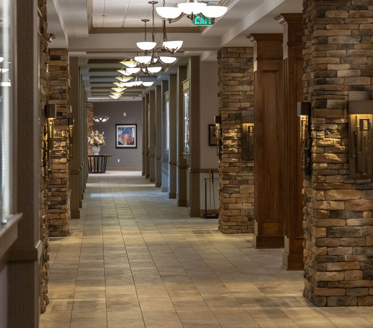 The long lobby hall in the Chautauqua Harbor Hotel