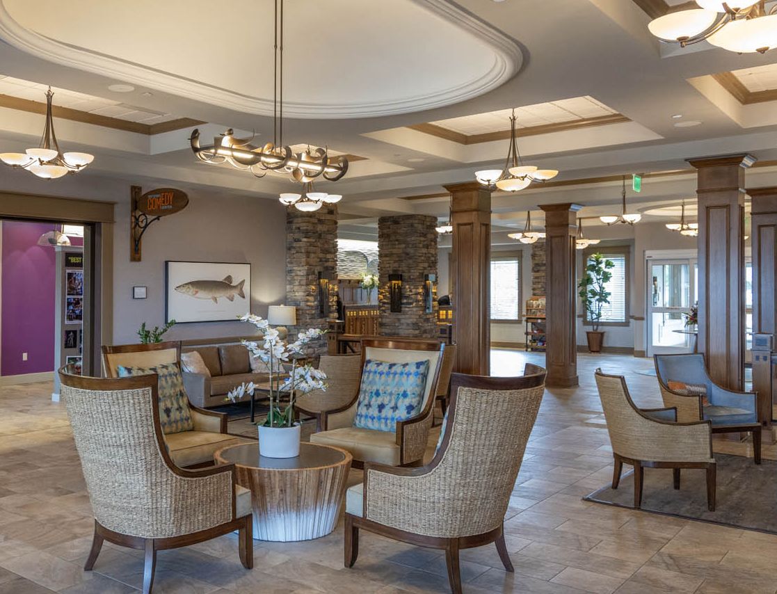 The stunning lobby of the Chautauqua Harbor Hotel