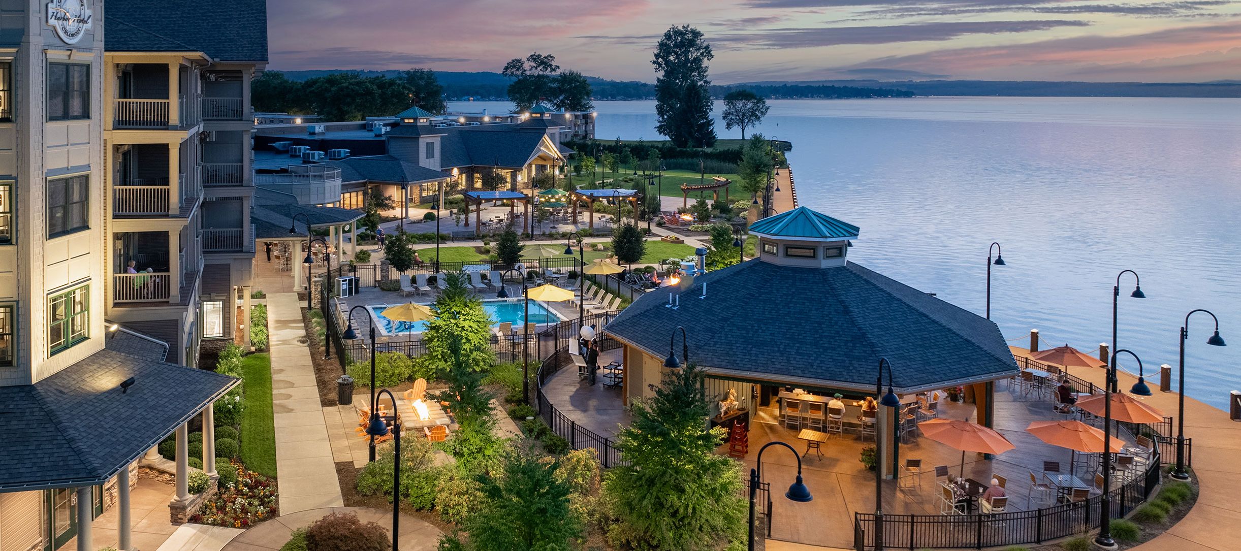 Exterior Shot of Chautauqua Lake Hotel with Sunset and Purple Clouds